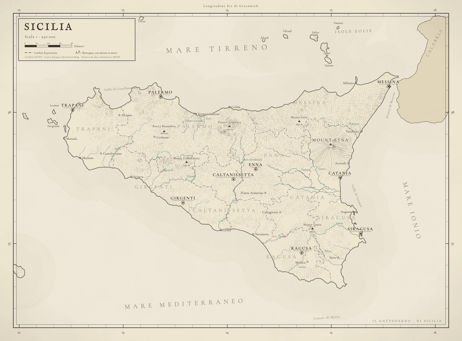 An engraved nineteenth century map of Sicily, with the land marked in the hills north of Taormina